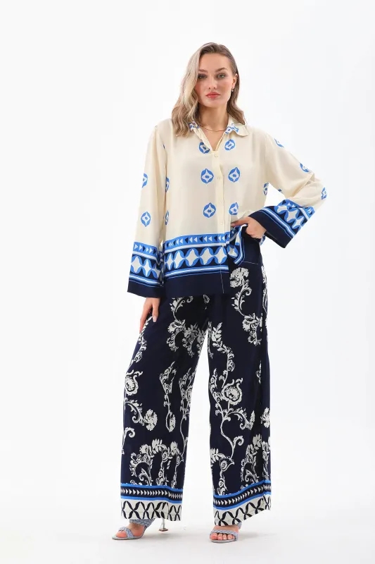 Abstract Printed Two-Piece Set One Size Beige-Navy