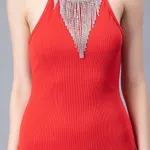 Buy Stylish Halter Rhinestone Fringes Necklace Dress One Size Red Online