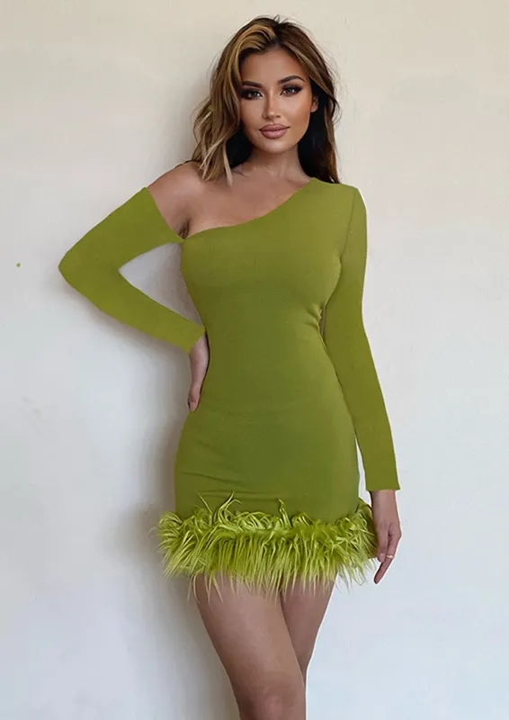 Fur-Hem Bodycon Dress One Size Green