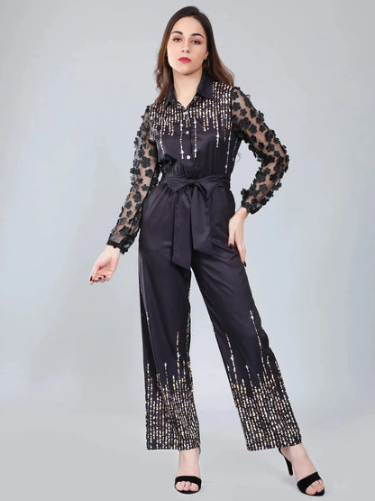 Tulle Sleeves Printed Jumpsuit