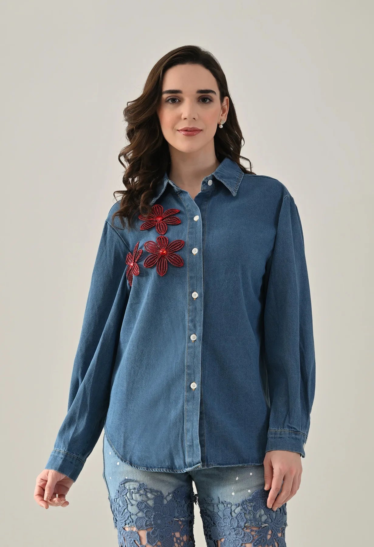 Rhinestone Patch Denim Shirt