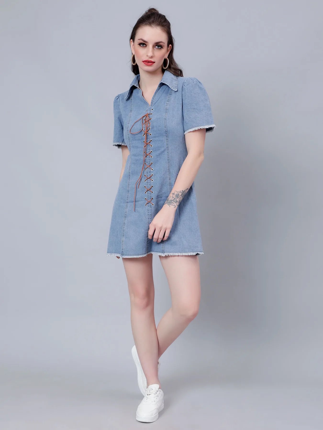 Lace Up Denim Short Dress