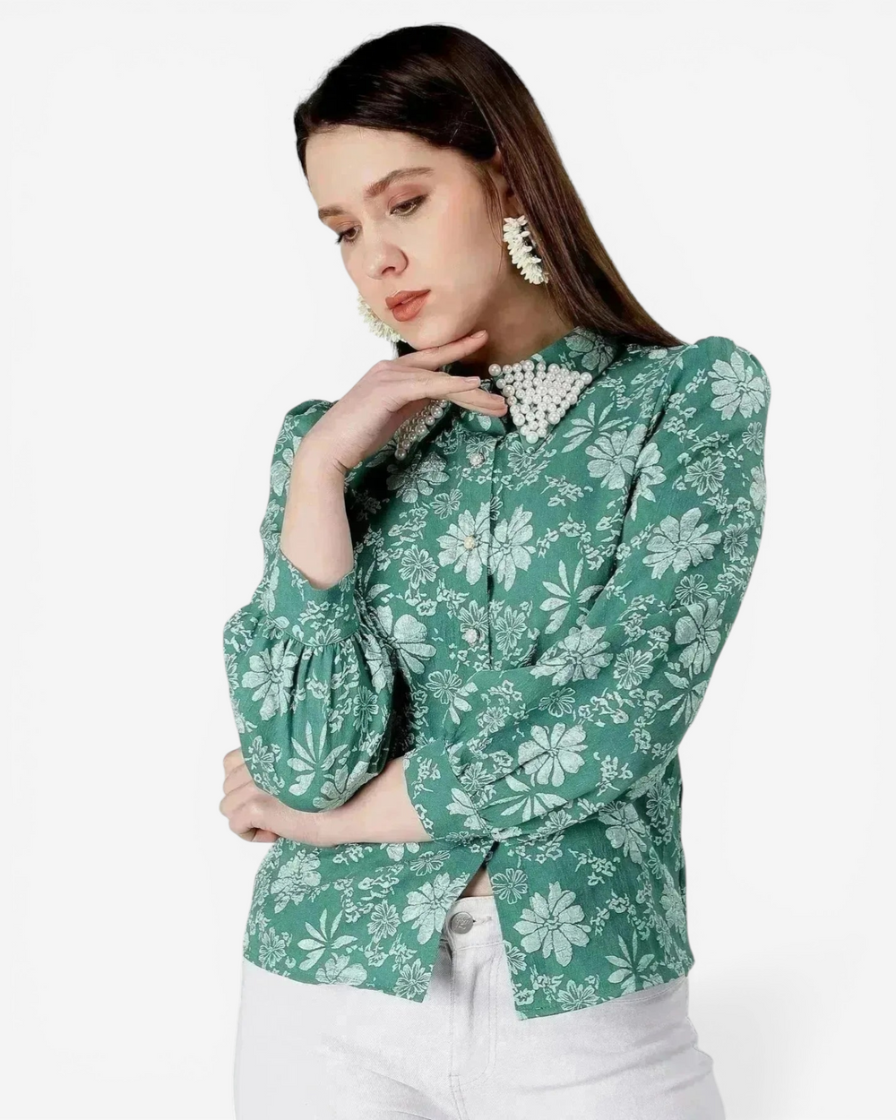 Pearl Beading Jacquard Shirt