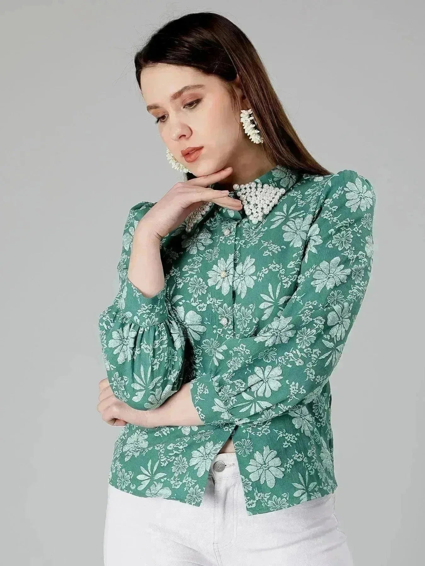 Pearl Beading Jacquard Shirt