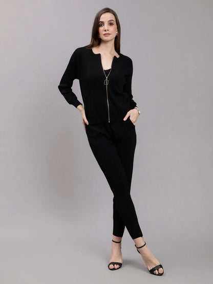 Front Zip Knitted Three Piece Set