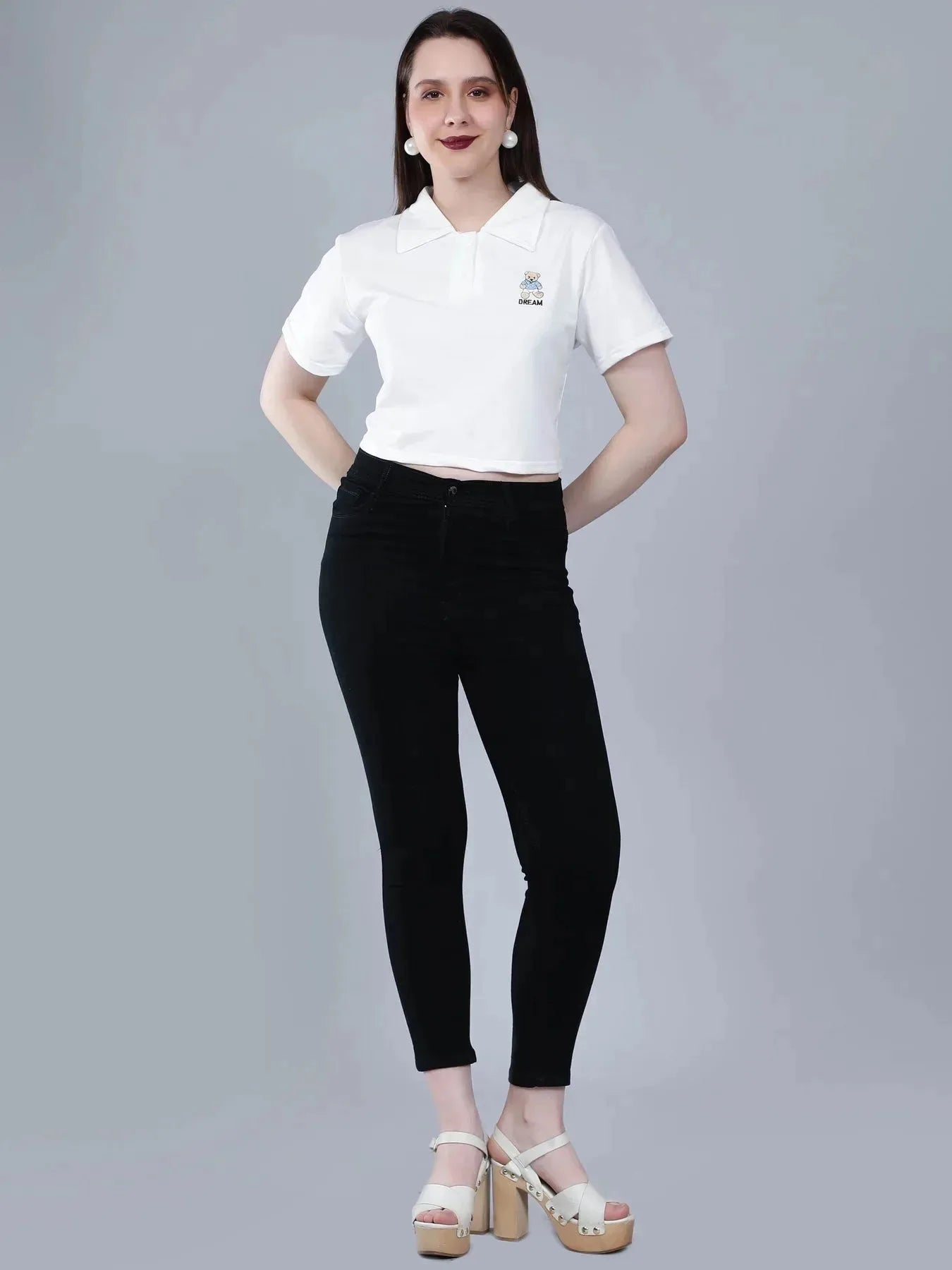 Bear Embroidered Cropped Polo Tee