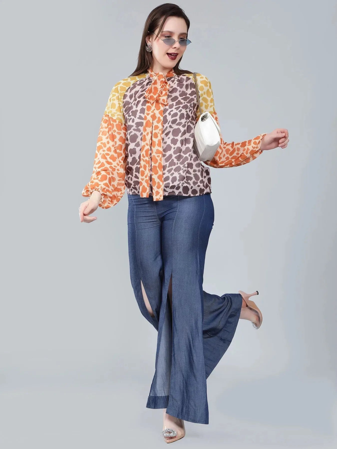 Leopard Print Colorblock Tie Neck Blouse