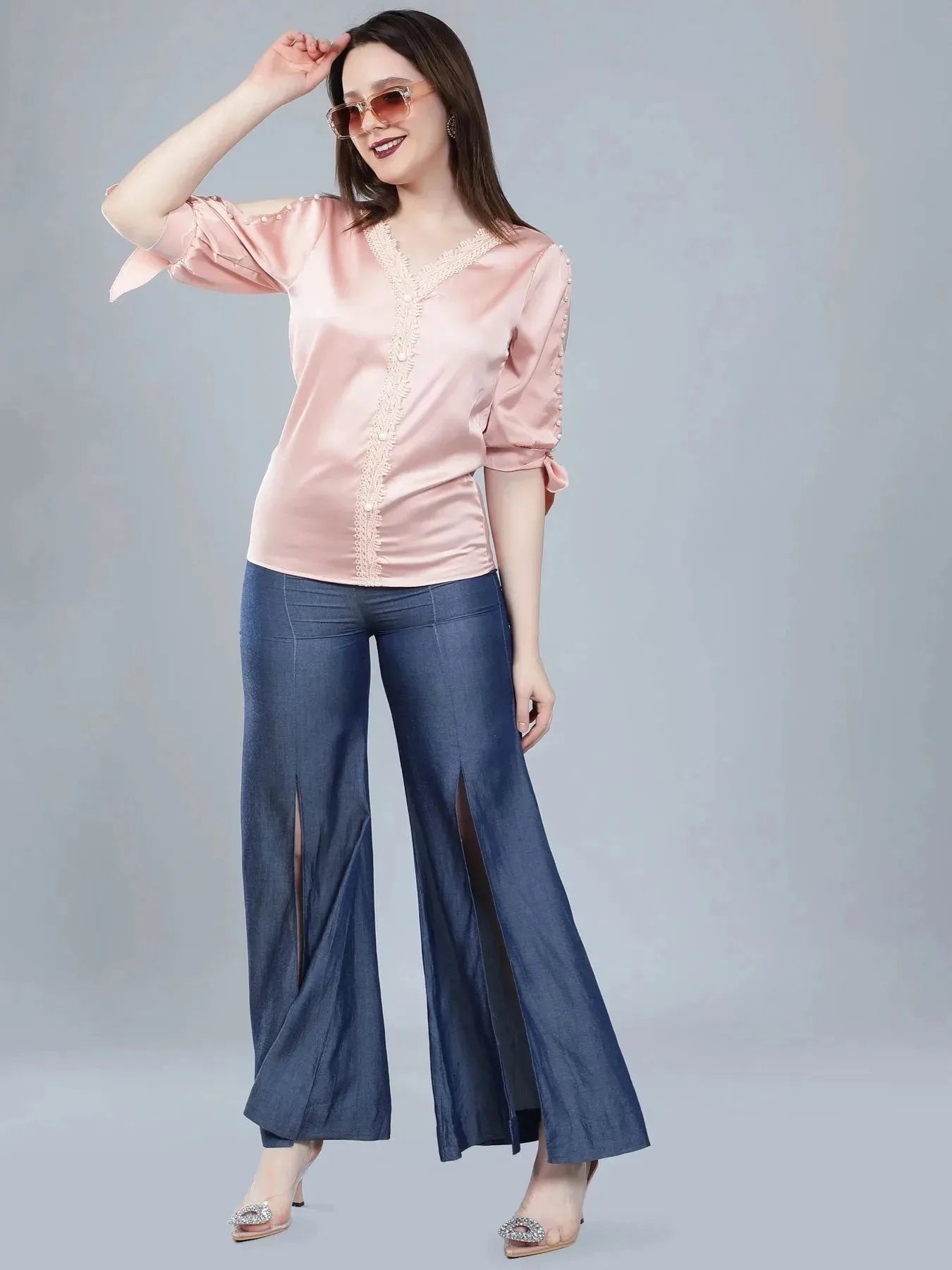 Pearl Knotted Slit Sleeve Blouse