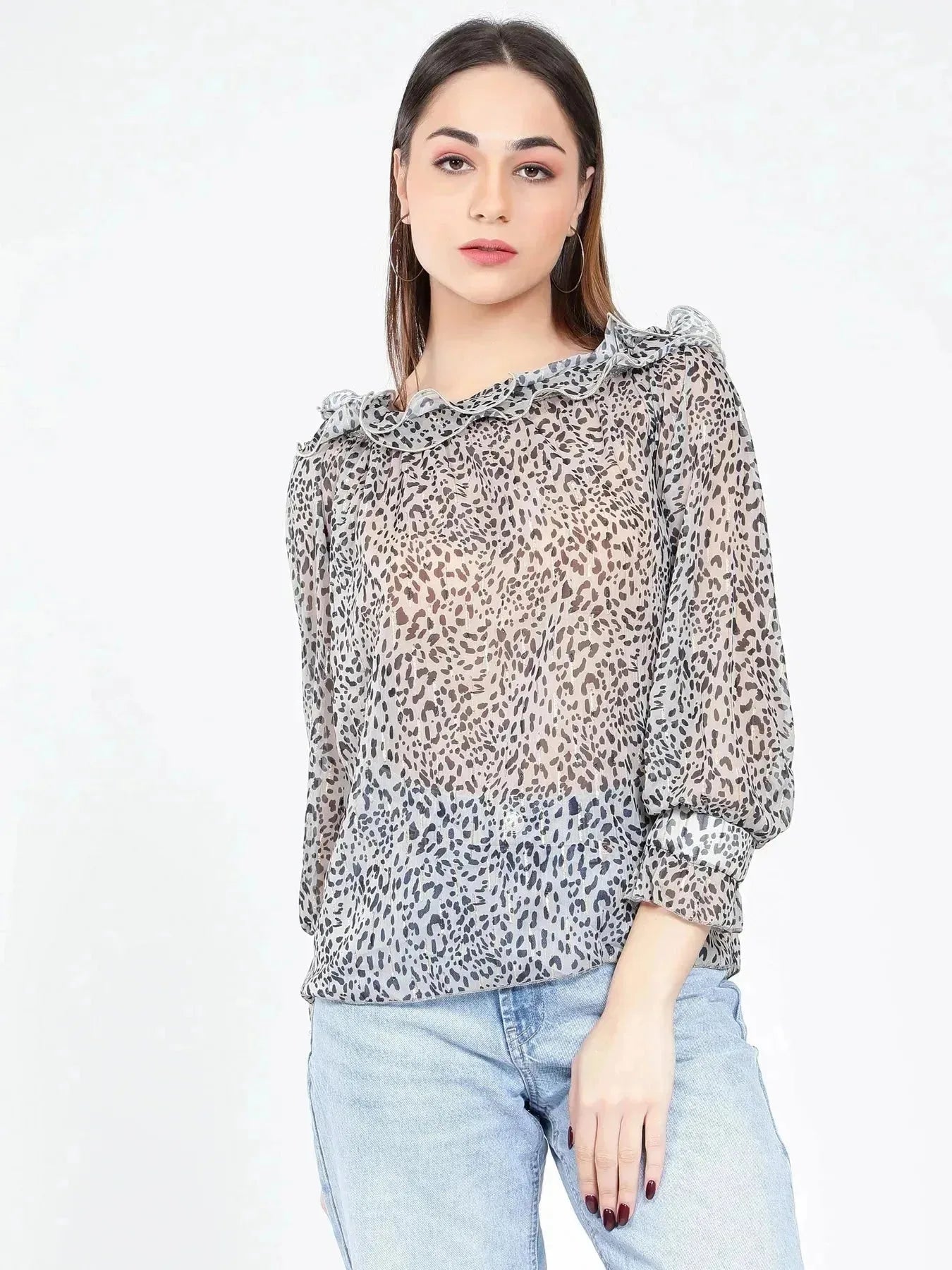 Neck ruffle Animal Print Blouse