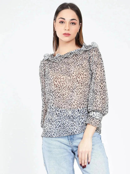Neck ruffle Animal Print Blouse