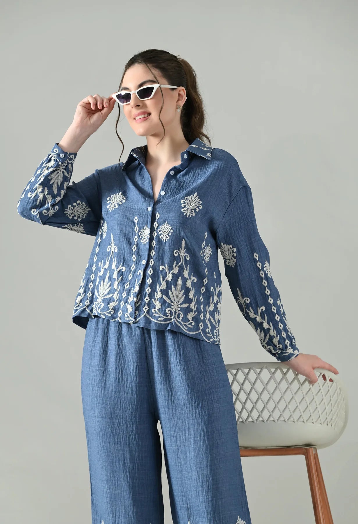 Embroidered Denim Ease Co-ord Set
