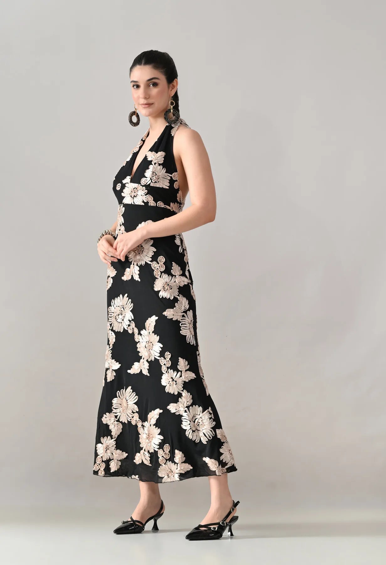 Midnight Bloom Halter Maxi Dress