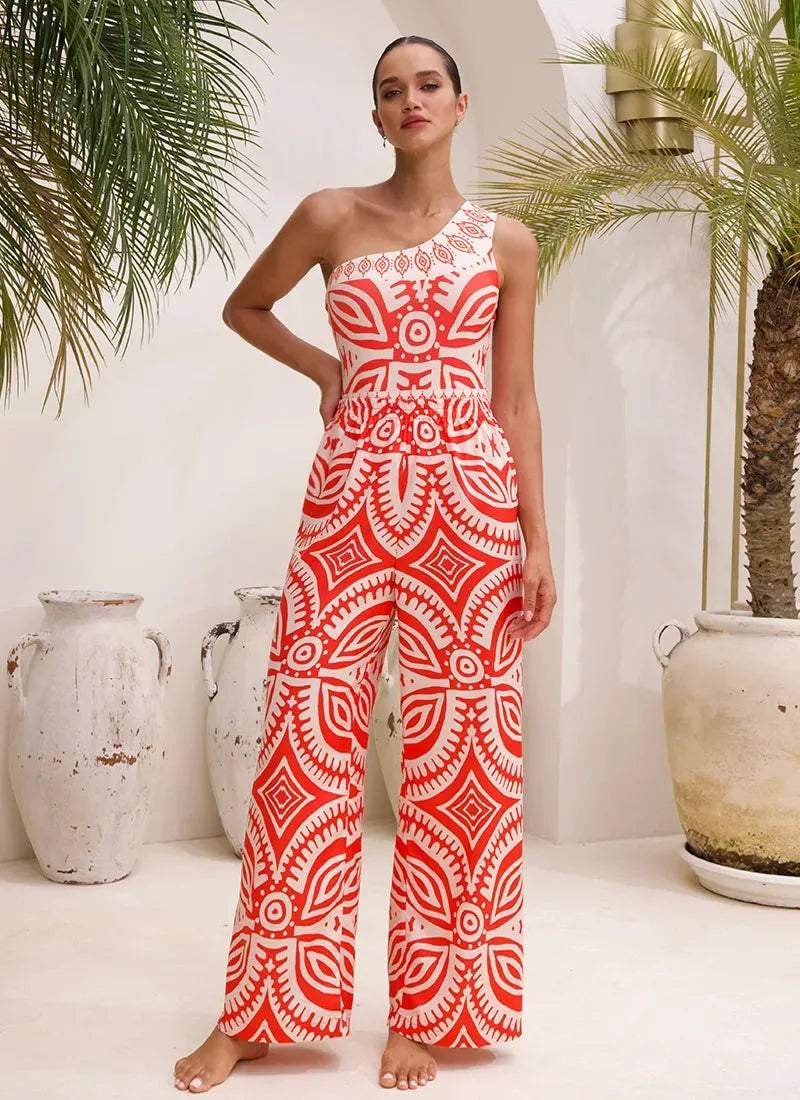 Printed One Shoulder Monokini With Pants