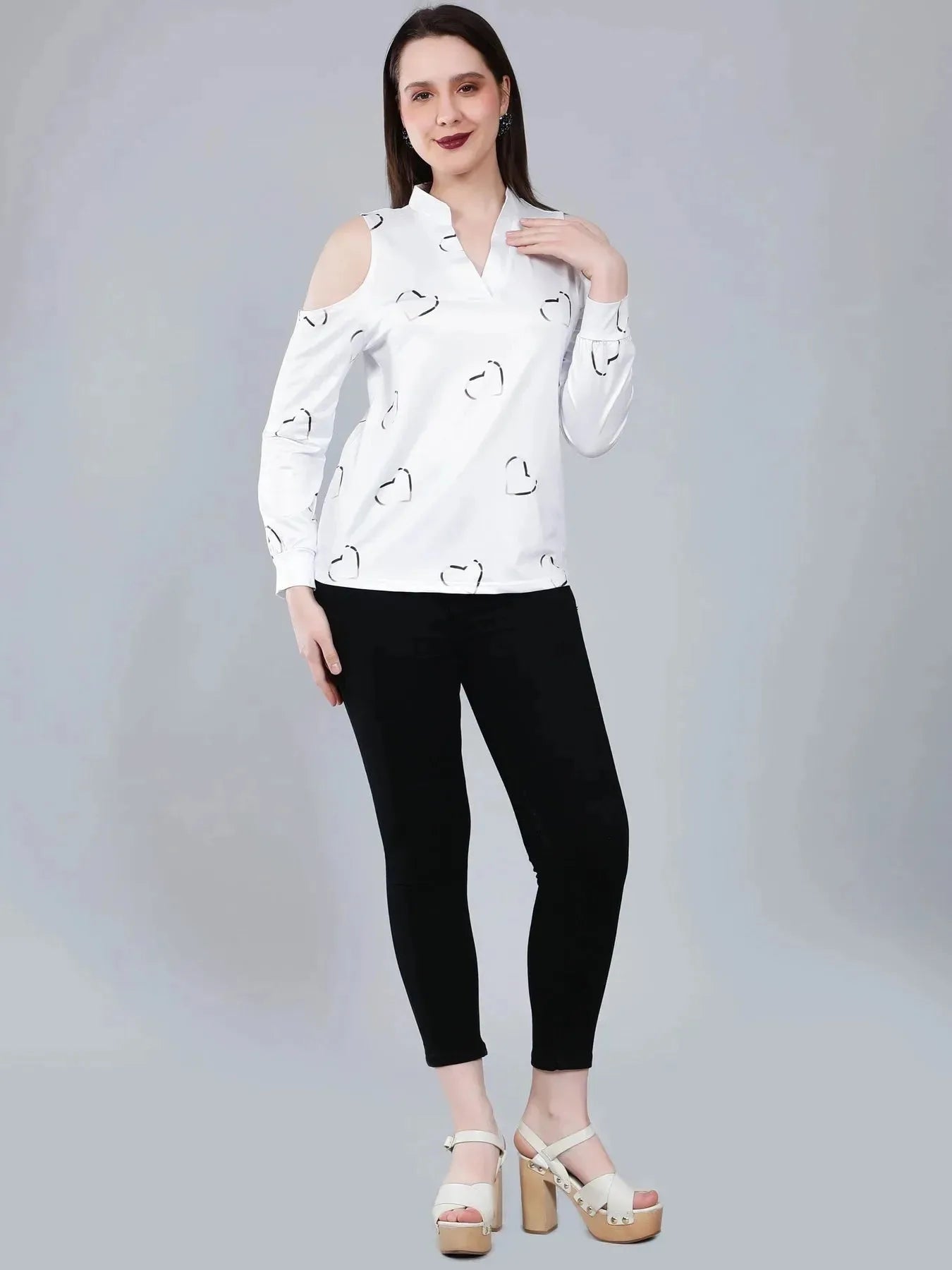 Cold Shoulder Heart Printed Blouse