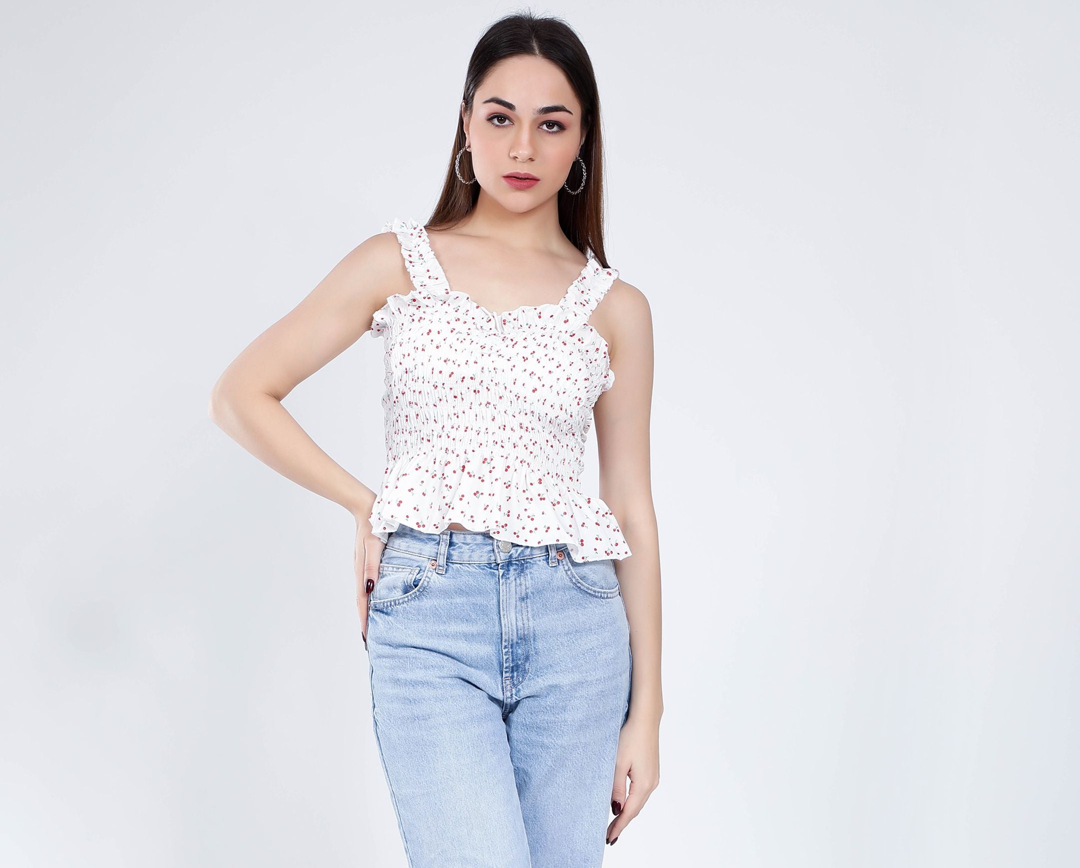 Smocking Cherry Print Top