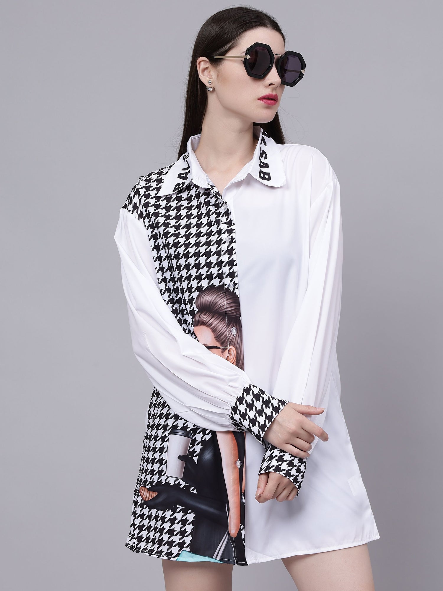 Houndstooth Pattern Oversized Shirt