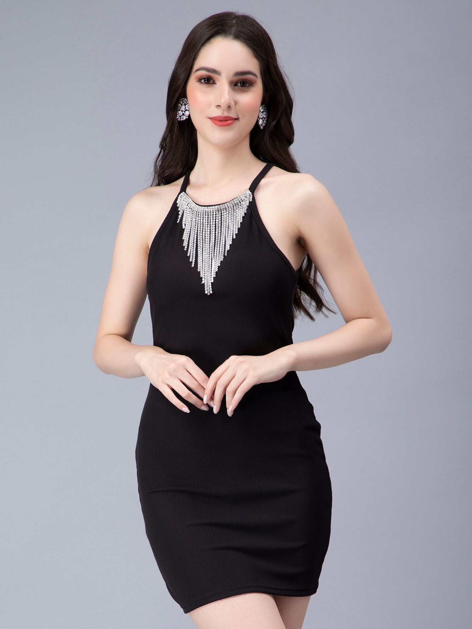 Halter Rhinestone Fringes Necklace Dress