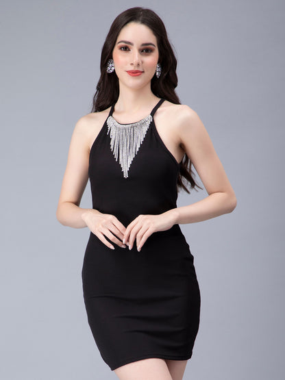 Halter Rhinestone Fringes Necklace Dress