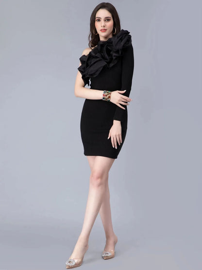 One Shoulder Ruffle Rib Knit Dress