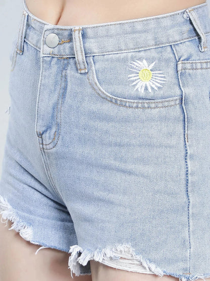 Flower Embroidery Ripped Denim Shorts