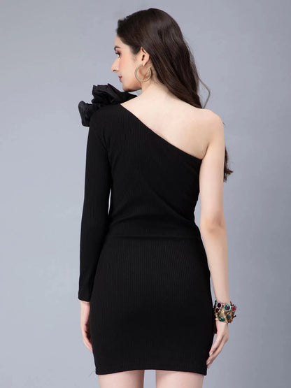 One Shoulder Ruffle Rib Knit Dress
