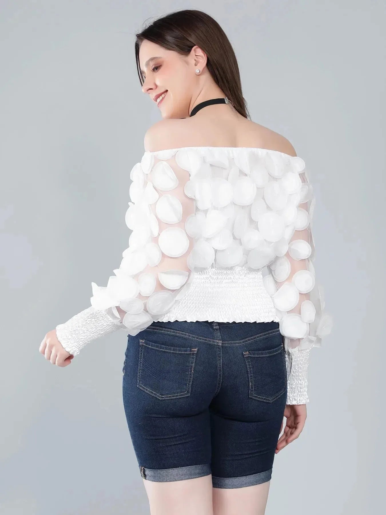 Lantern Sleeve Mesh Ruched Blouse