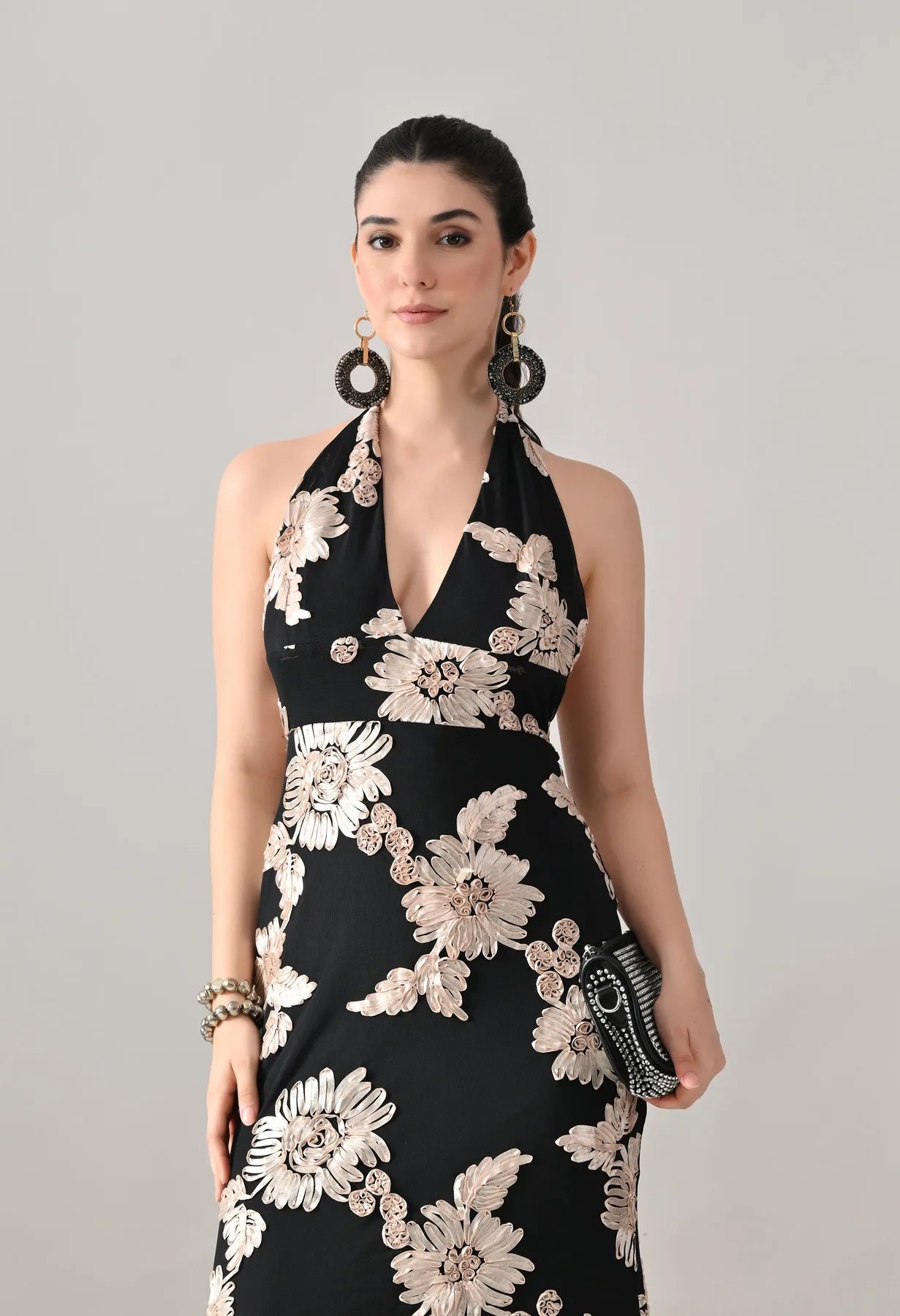 Midnight Bloom Halter Maxi Dress
