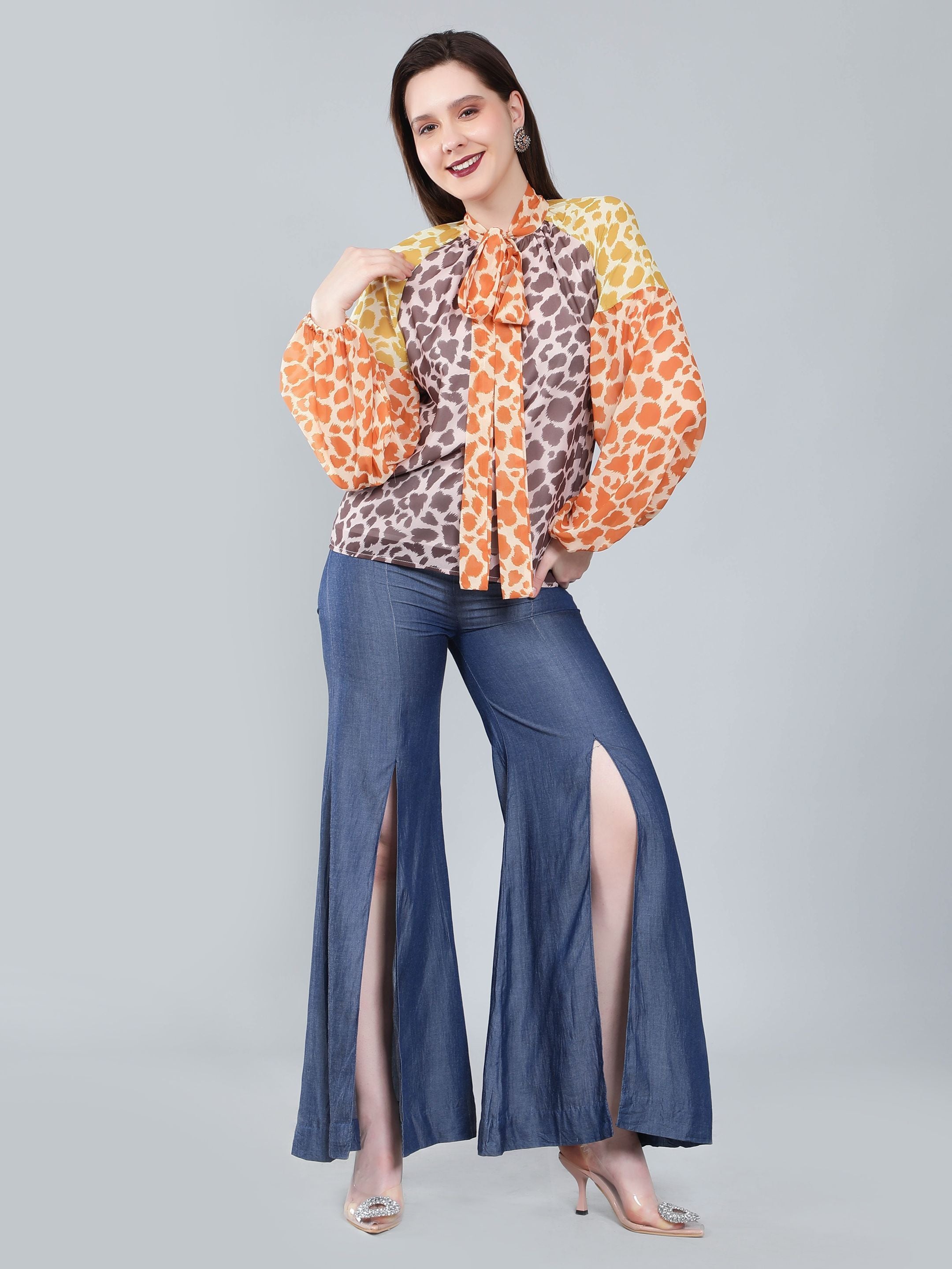 Leopard Print Colorblock Tie Neck Blouse