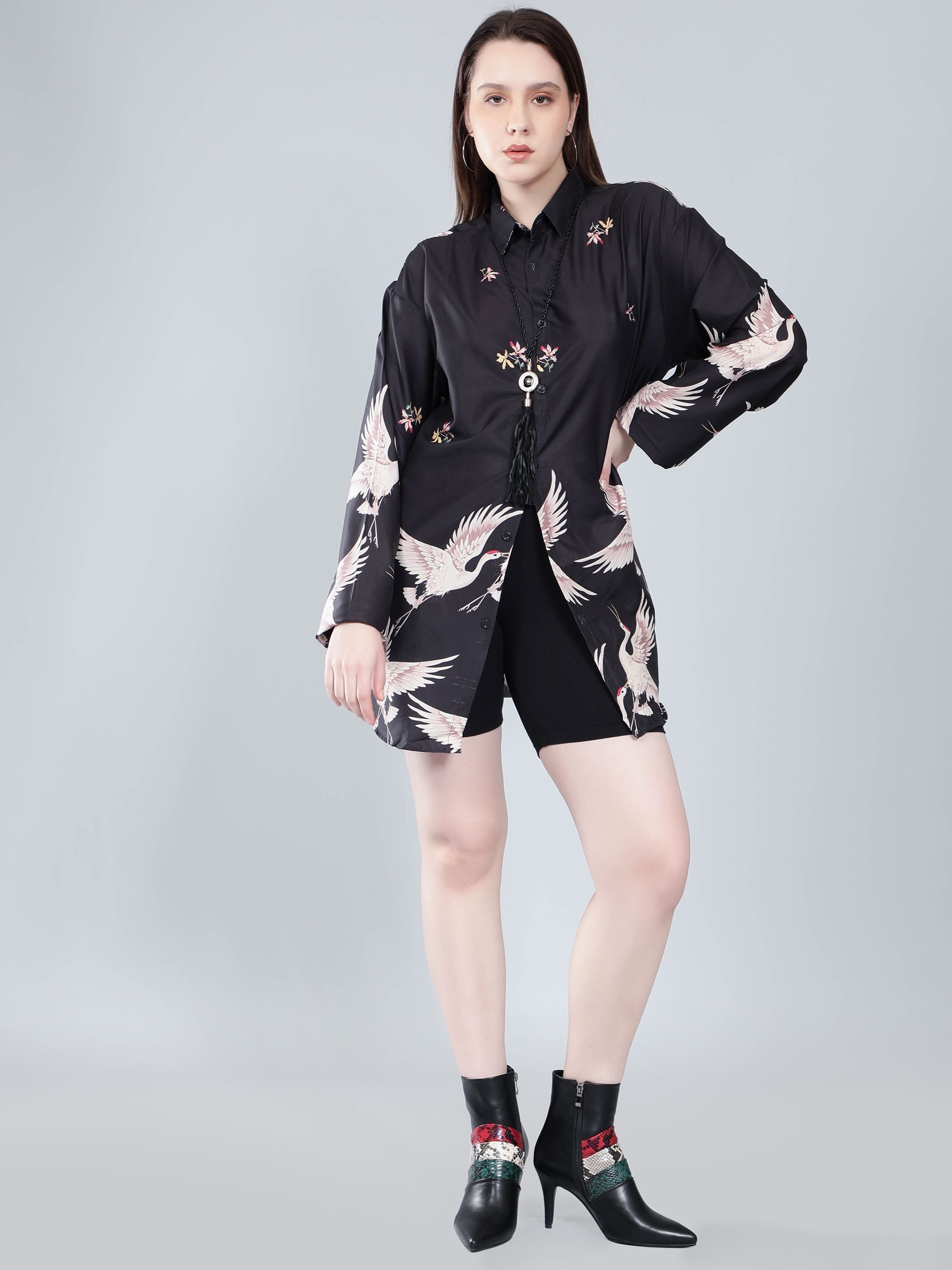 Crane Print Oversized Shirt