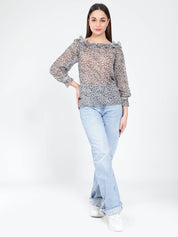 Neck ruffle Animal Print Blouse
