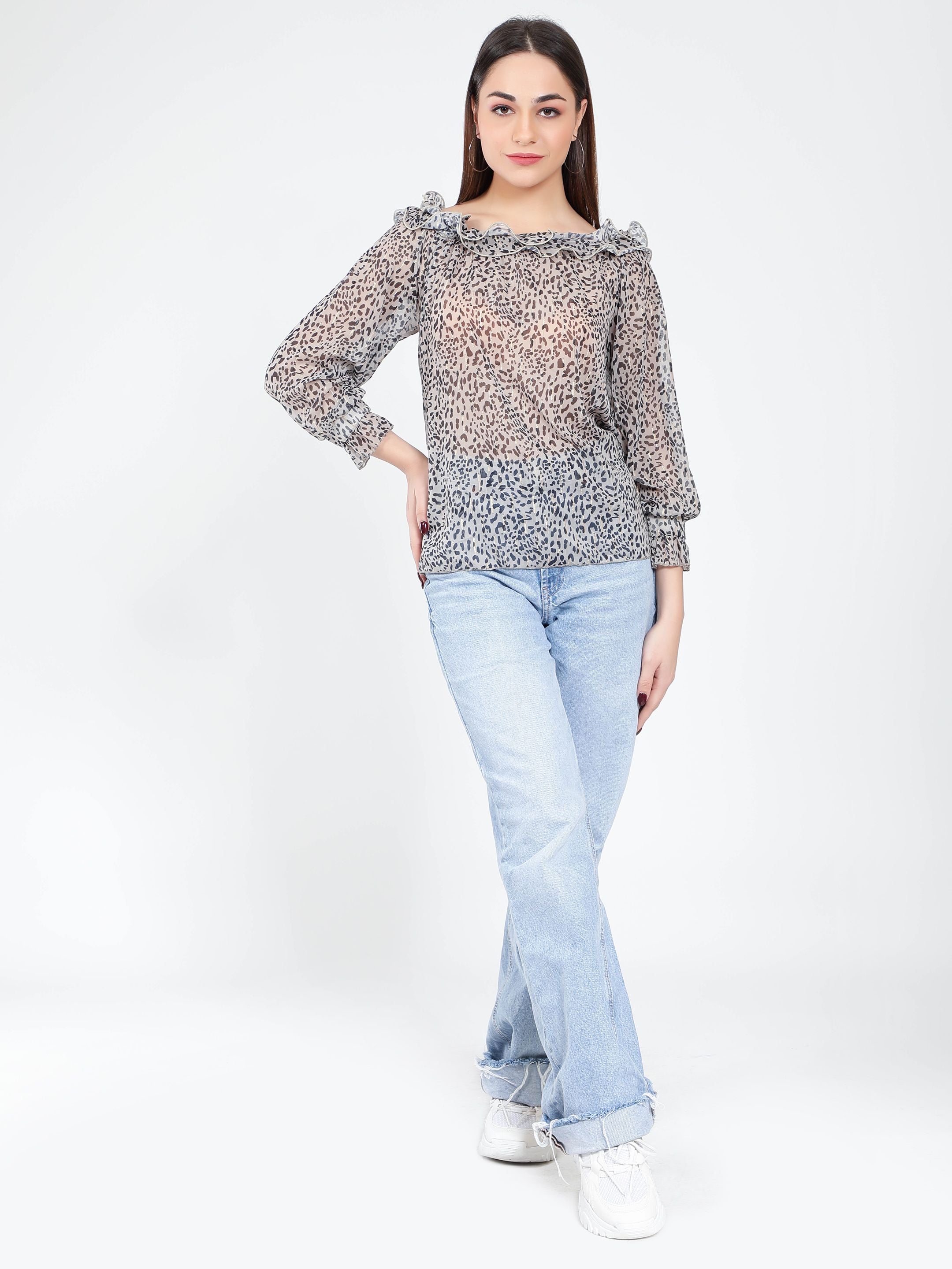 Neck ruffle Animal Print Blouse