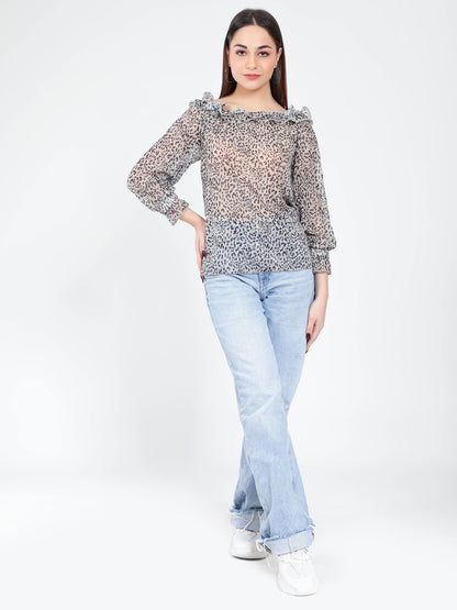 Neck ruffle Animal Print Blouse