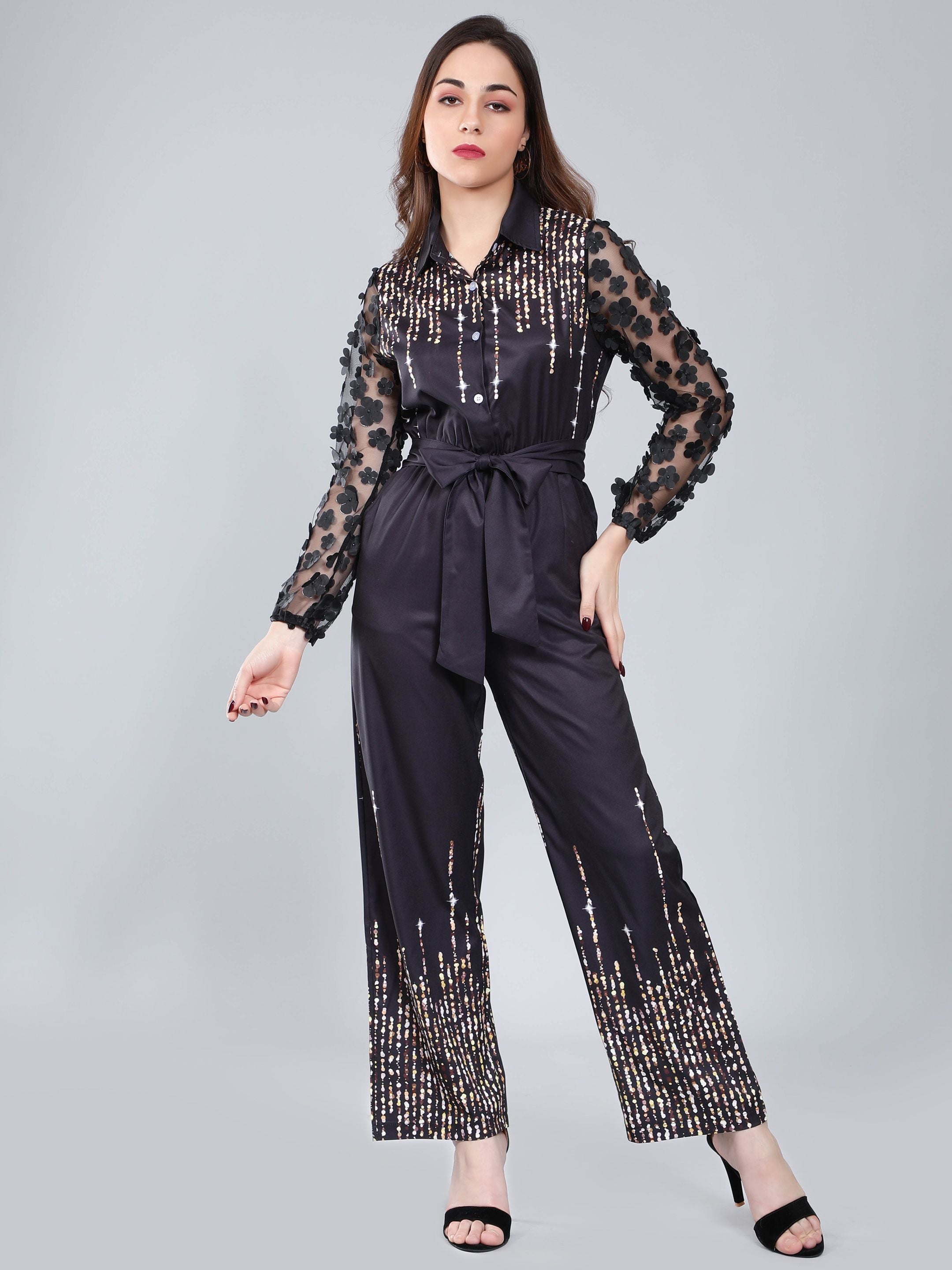 Tulle Sleeves Printed Jumpsuit