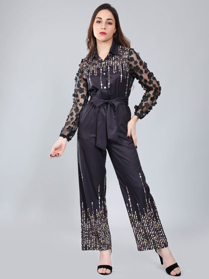 Tulle Sleeves Printed Jumpsuit