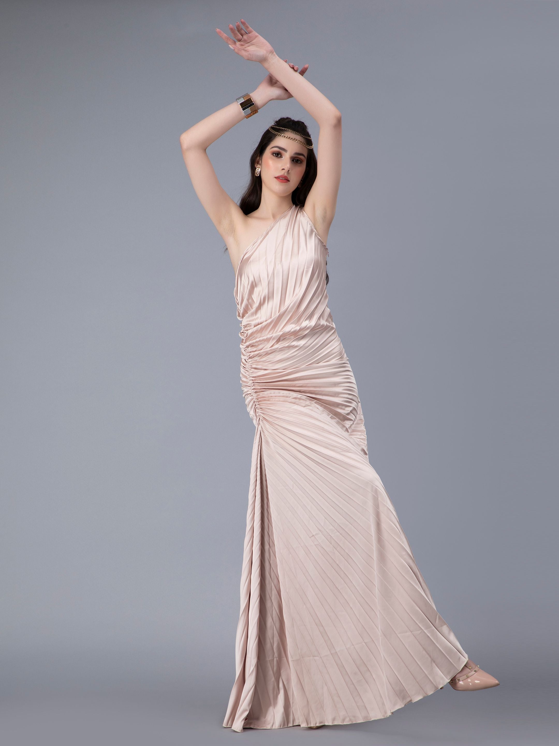 Fan Pleats One-Shoulder Dress