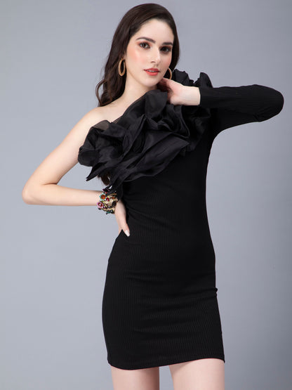 One Shoulder Ruffle Rib Knit Dress