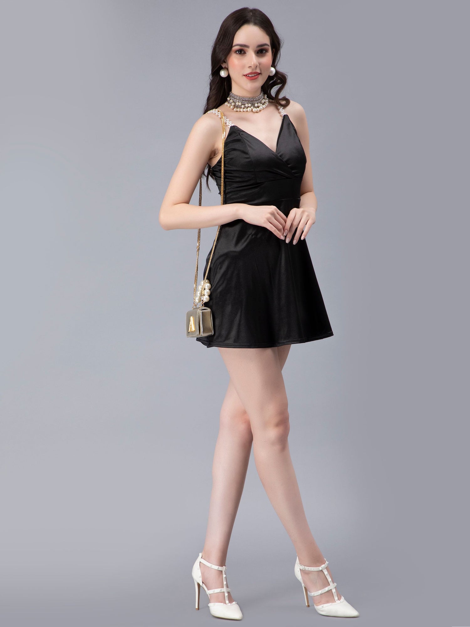 Pearl Straps Front Overlap Dress