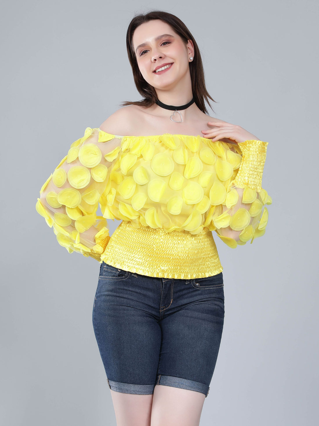 Lantern Sleeve Mesh Ruched Blouse