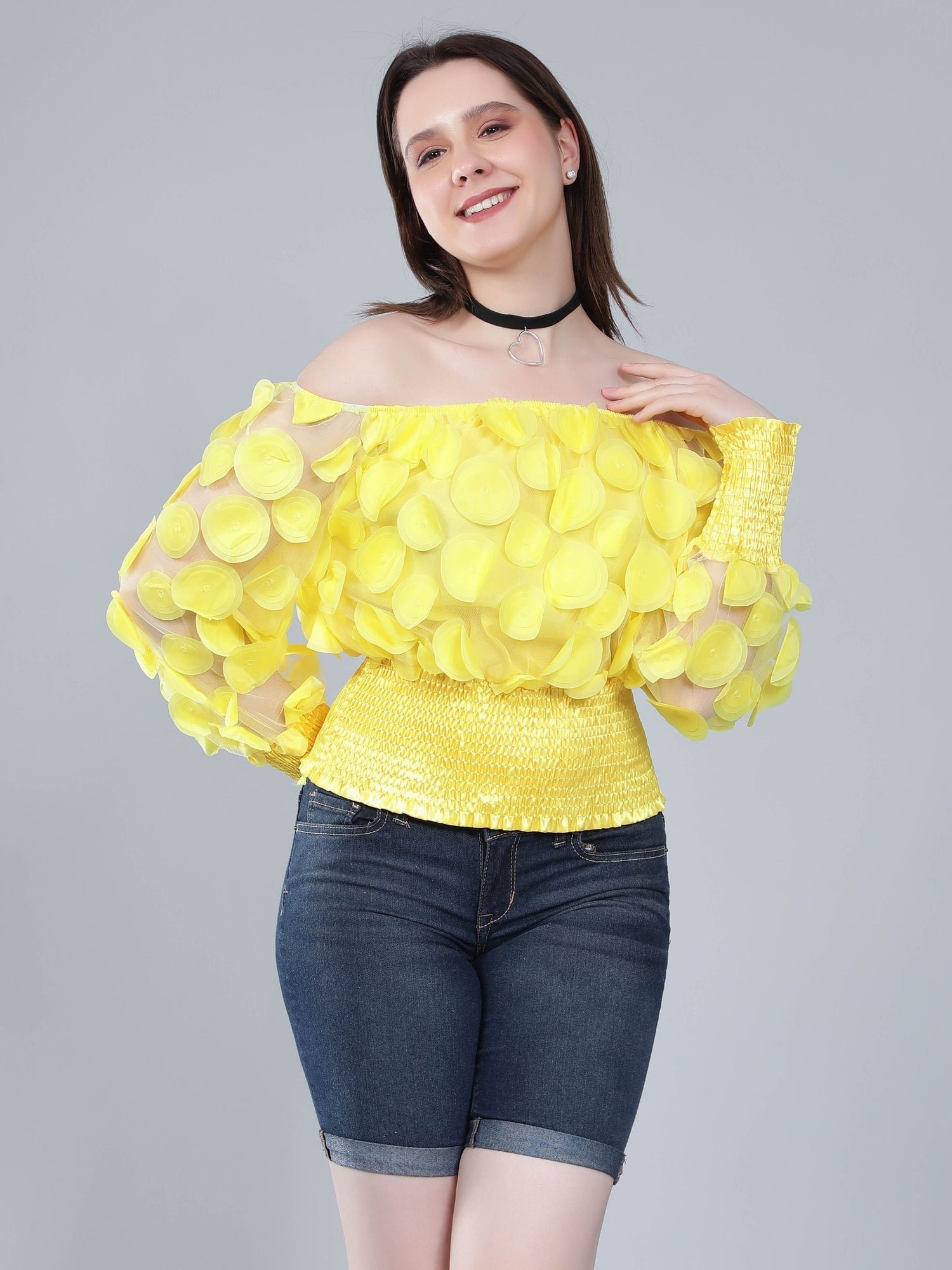Lantern Sleeve Mesh Ruched Blouse