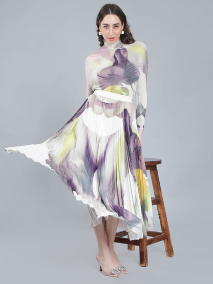 Chromatic Printed Pleated Two Piece Set