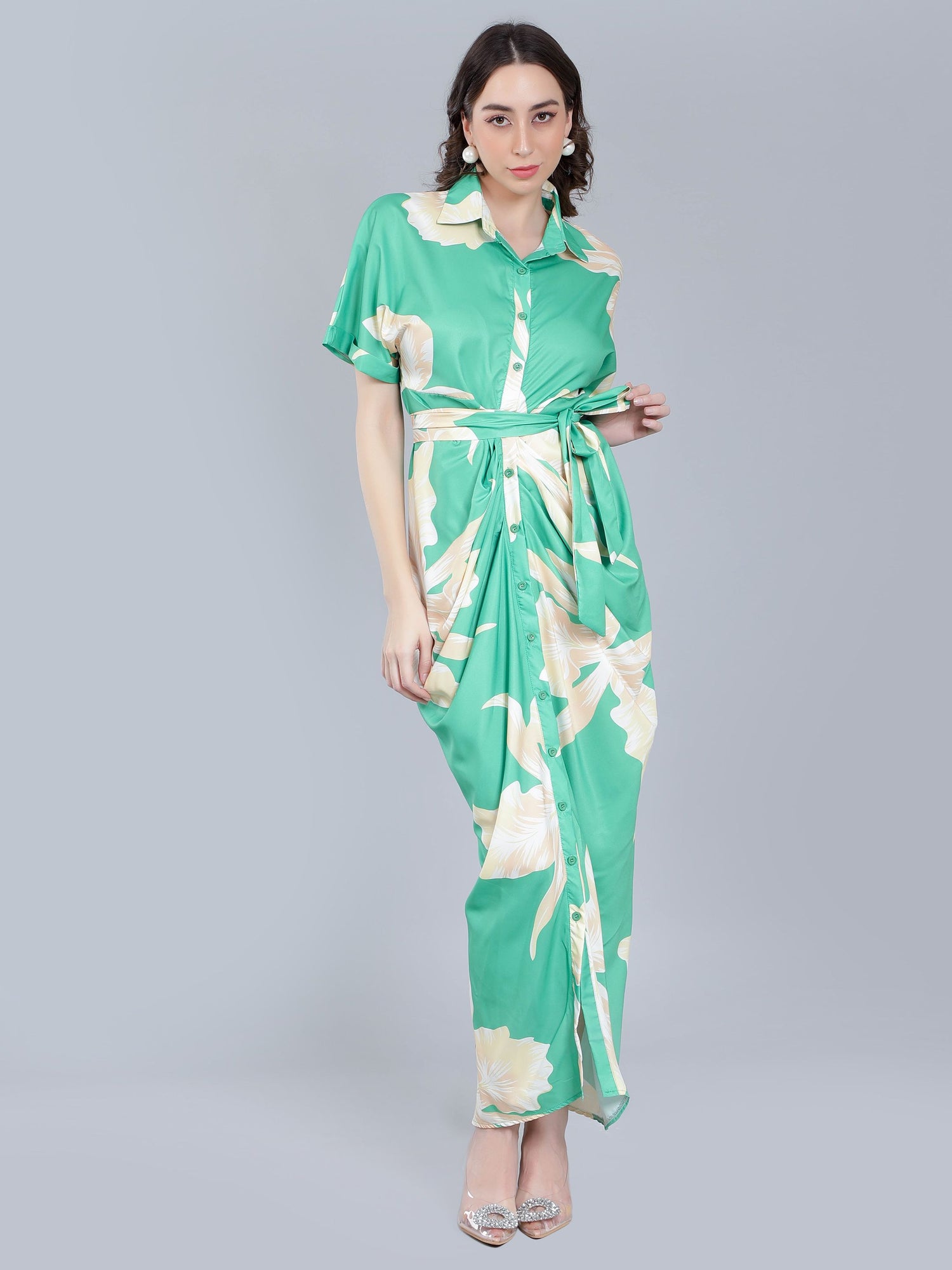 Button Down Ruched Shirt Dress
