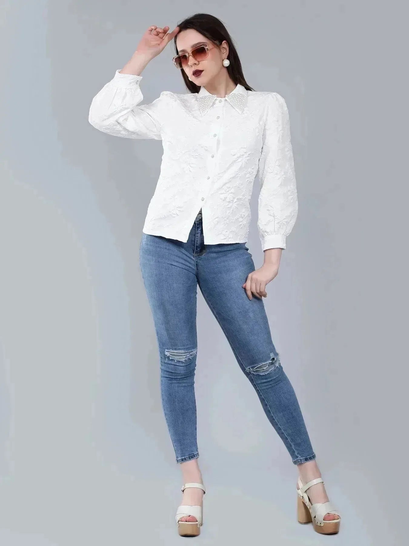 Pearl Beading Jacquard Shirt