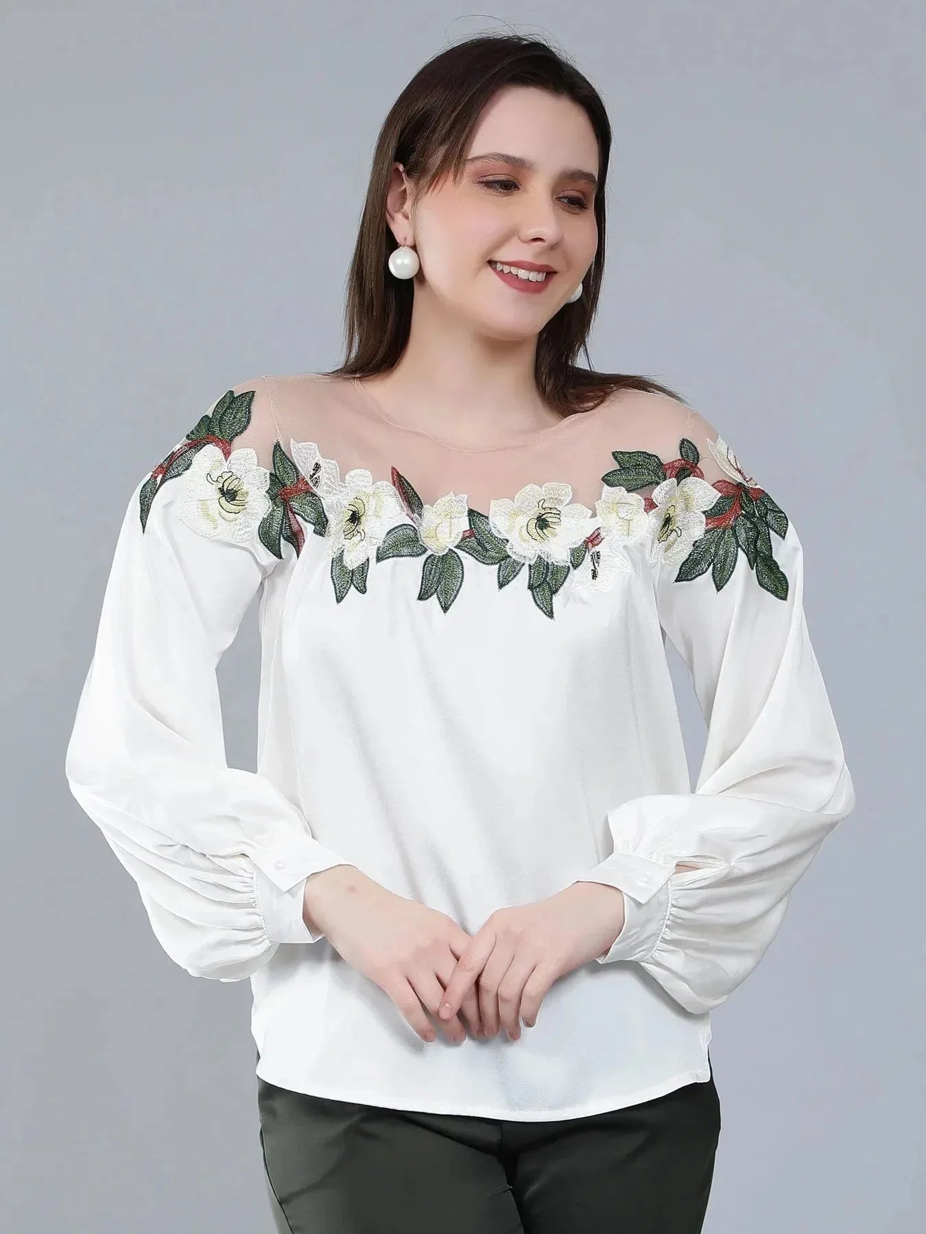 Flower Embroidery Satin Blouse