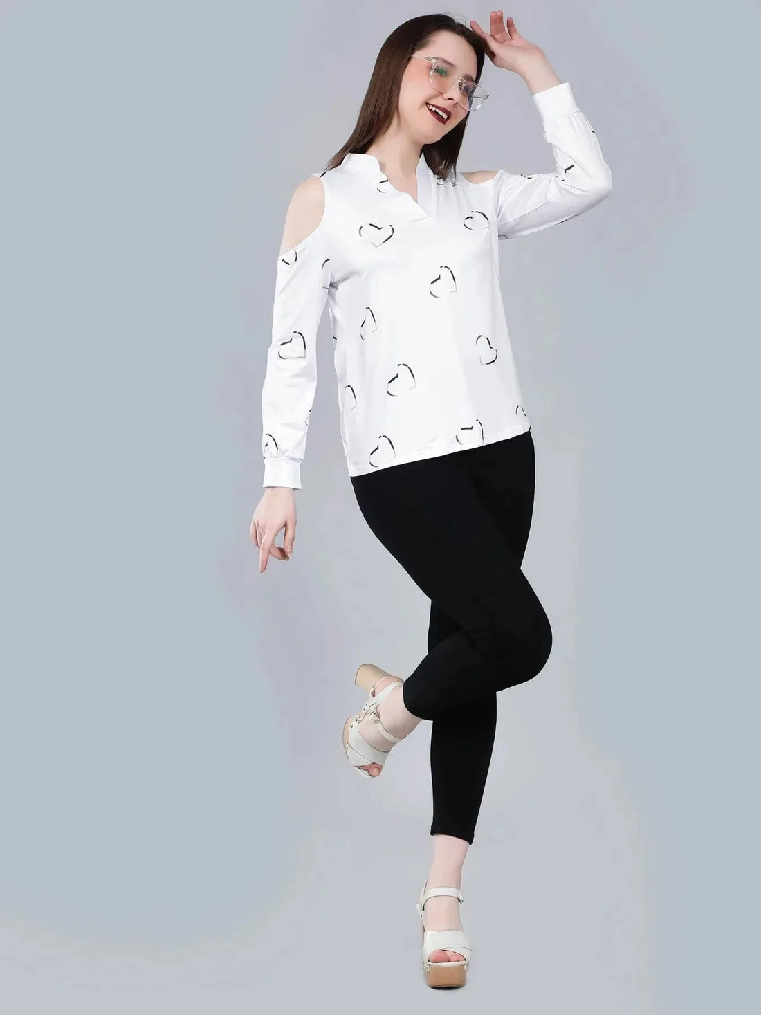 Cold Shoulder Heart Printed Blouse