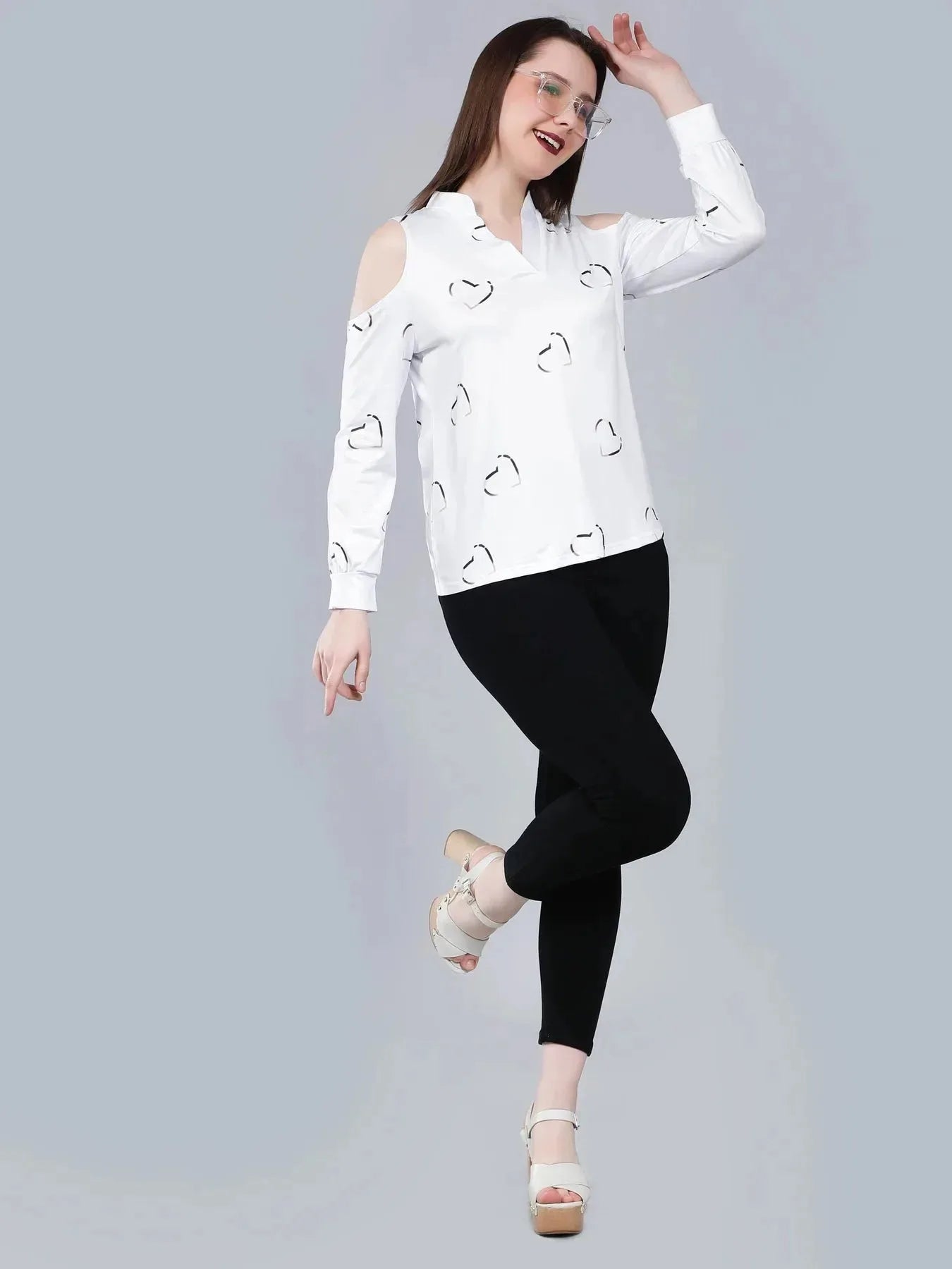 Cold Shoulder Heart Printed Blouse