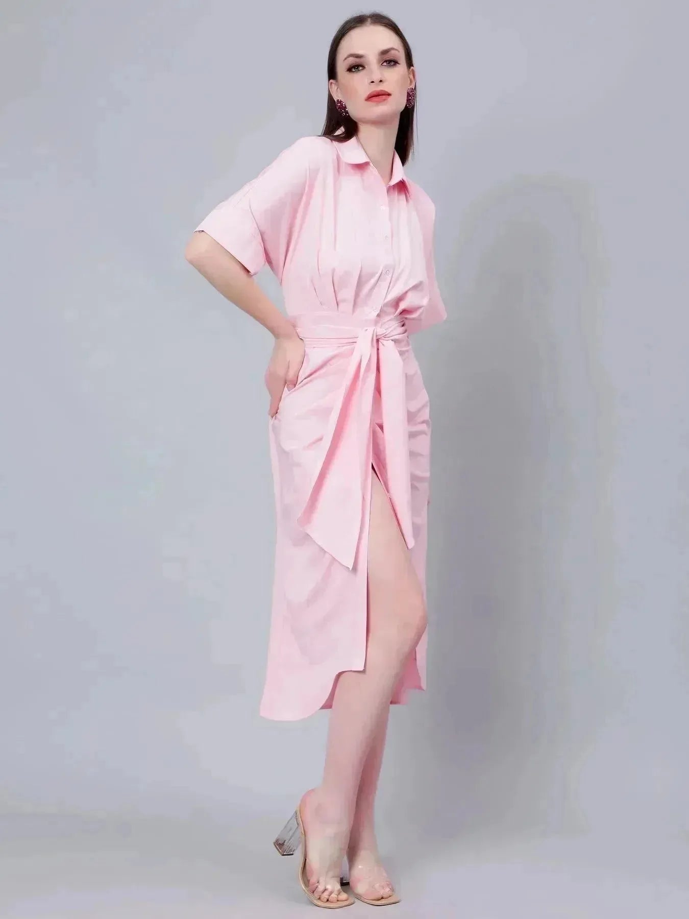 Cinched Waist Belted Shirt Dress