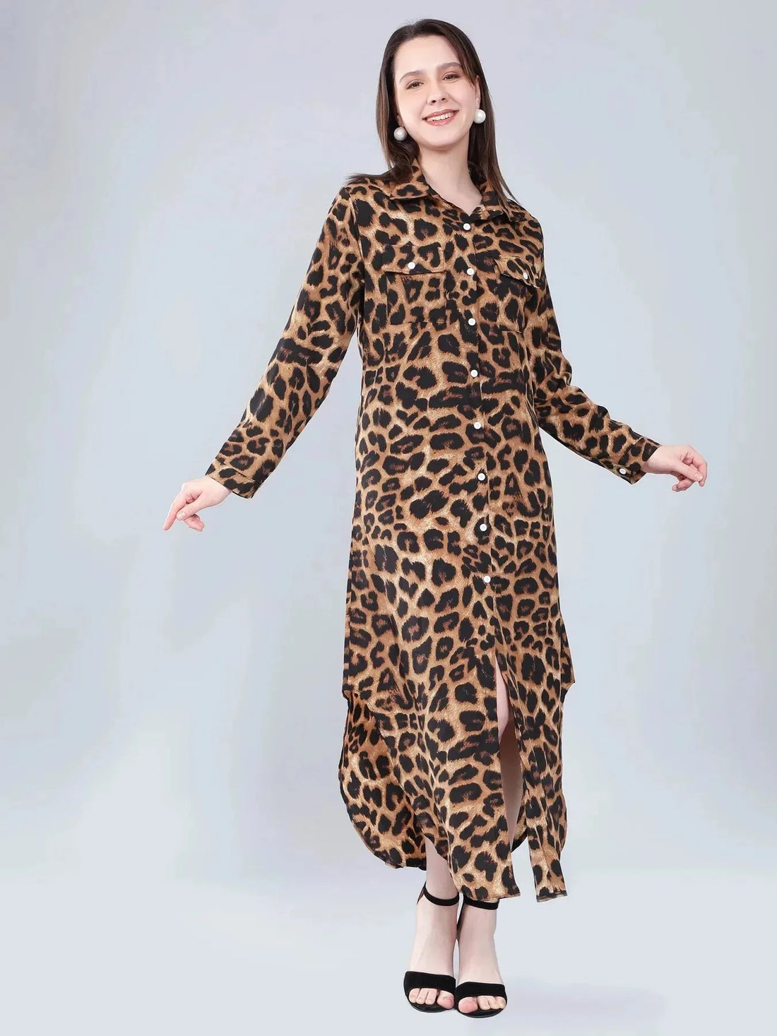 Leopard Print Long Shirt Dress