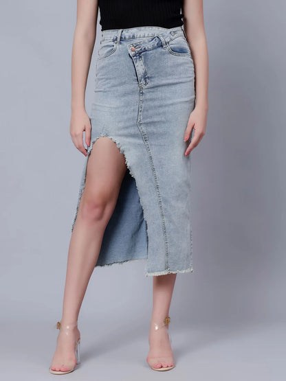 High-Rise Slit Frayed Denim Skirt