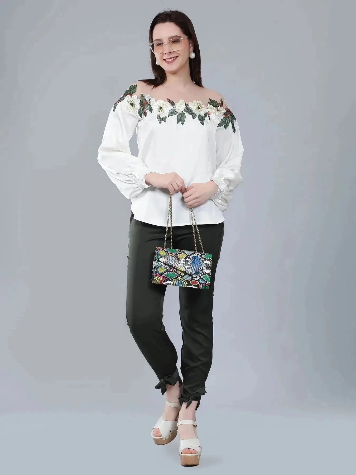 Flower Embroidery Satin Blouse
