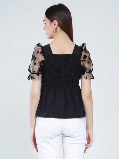 Flock Print Tulle Sleeves Smocking Top